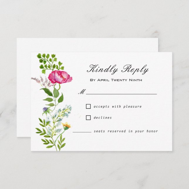 Carte RSVP de mariage Fleur sauvage d'aquarelle (Devant / Derrière)