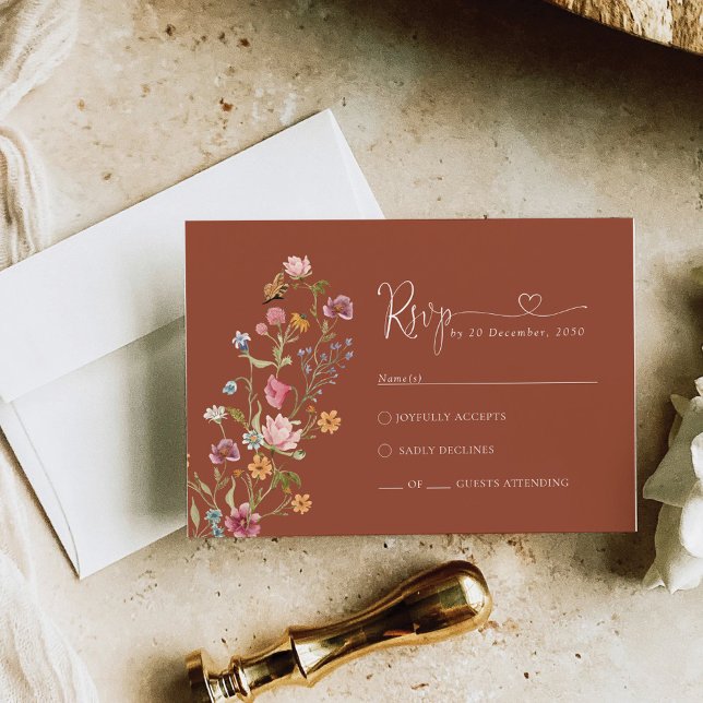 Carte RSVP de mariage Fleur sauvage en terre cuite (Créateur téléchargé)