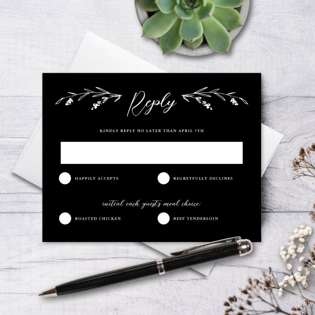 Carte RSVP de mariage Fleur sauvage noir rustique (Créateur téléchargé)