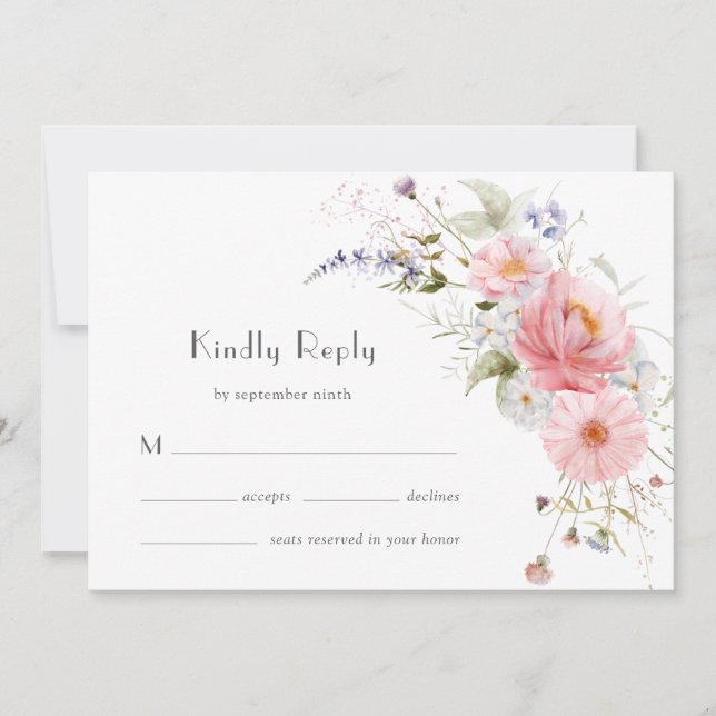 Carte RSVP de mariage fleurs sauvages roses blanch (Devant)