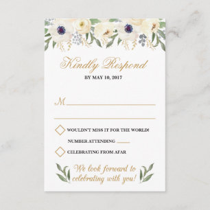 Carte RSVP de mariage Floral Blanc et Or