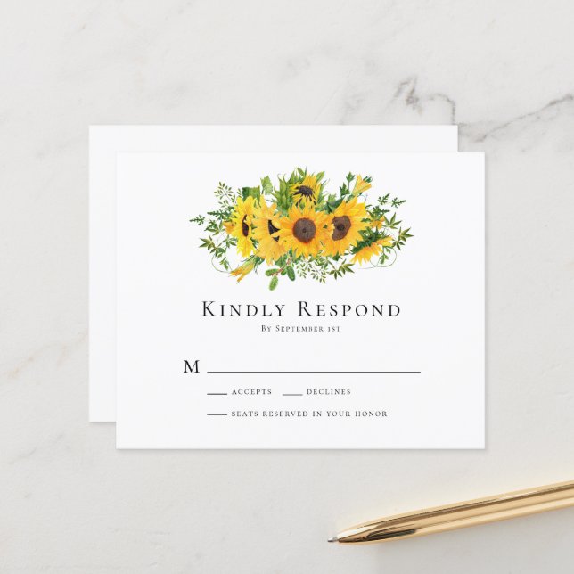 Carte RSVP de mariage floral de tournesol BUDGET (Devant/Arrière en situation)