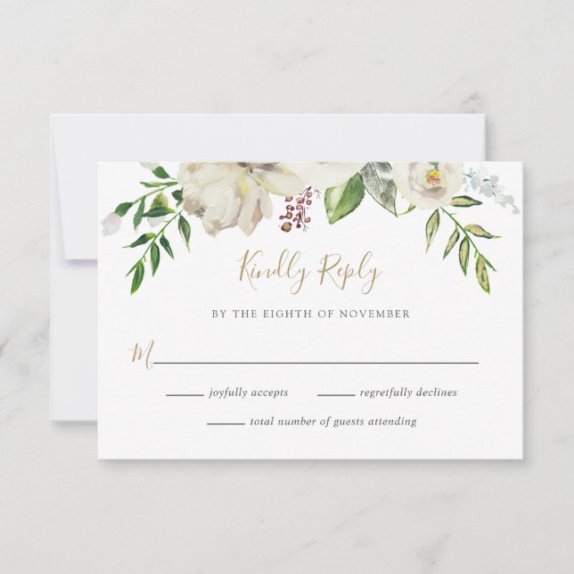 Carte RSVP de mariage floral en fleurs dorées (Devant)