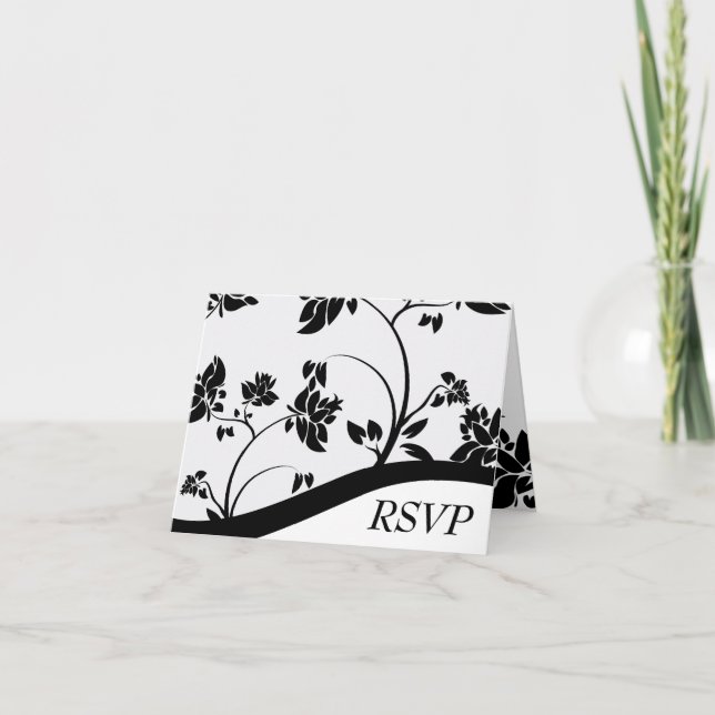 Carte RSVP de mariage floral noir et blanc (Devant)