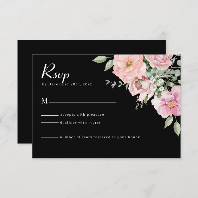 Carte RSVP de mariage floral noir et rose moderne (Devant / Derrière)