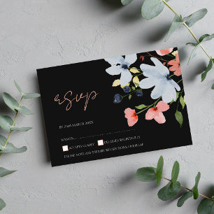 Carte RSVP de mariage floral noir et rose simple