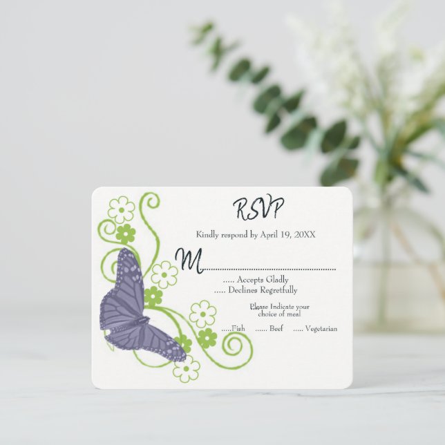 Carte RSVP de mariage floral papillon violet (Debout devant)