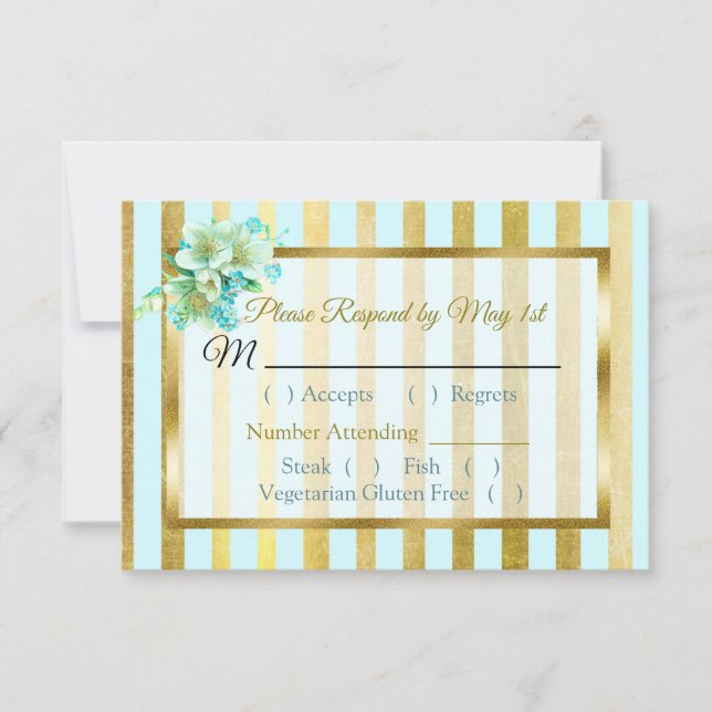 Carte RSVP de mariage floral rayé bleu et or (Devant)
