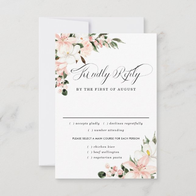 Carte RSVP de mariage floral rose, options de repa (Devant)