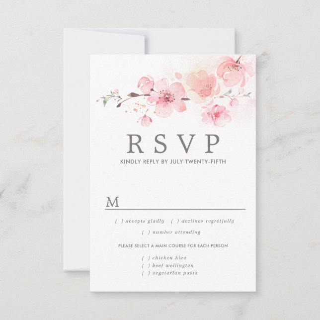 Carte RSVP de mariage floral rose, options de repa (Devant)