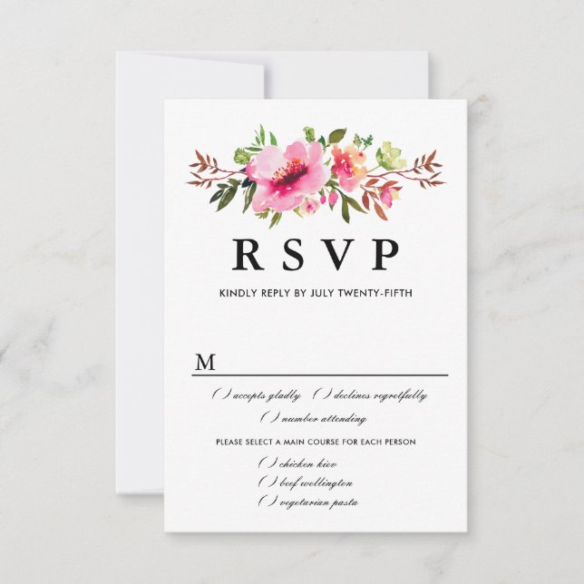 Carte RSVP de mariage floral rose, options de repa (Devant)