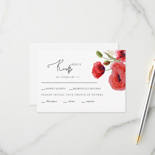 Carte RSVP de mariage floral rouge (Devant/Arrière en situation)
