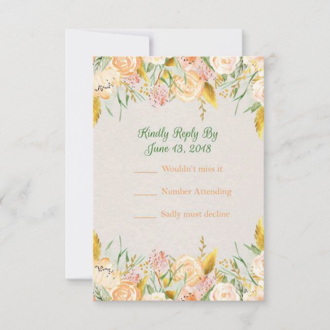 Carte RSVP de mariage Floral Vert Pêche d'or (Devant)