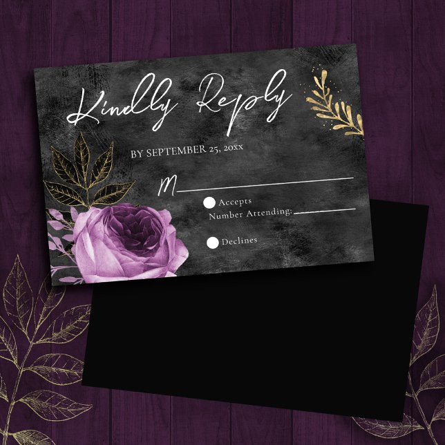 Carte RSVP de mariage gothique violet et noir flor (Créateur téléchargé)