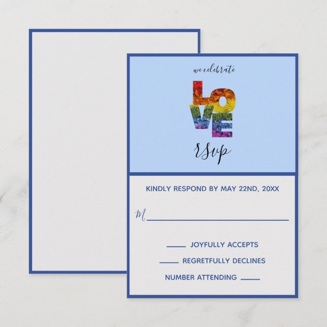 Carte RSVP de mariage homosexuel à thème bleu amou (Devant / Derrière)