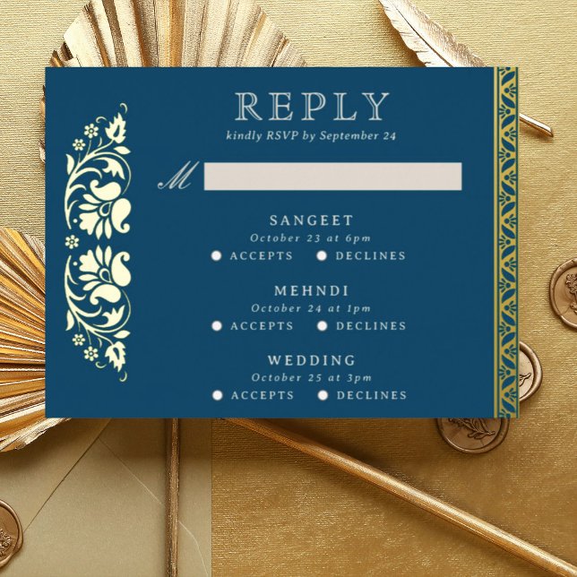 Carte RSVP de mariage indien Lotus Flower Multi Ev (Blue Indian wedding invitation RSVP enclosure response reply card, Lotus flower hindu wedding card)
