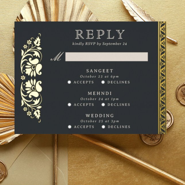 Carte RSVP de mariage indien Lotus Flower Multi Ev (Black Indian wedding invitation RSVP enclosure response reply card, Lotus flower hindu wedding card)