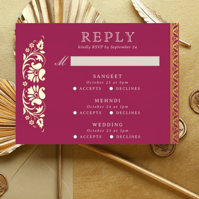 Carte RSVP de mariage indien Lotus Flower Multi Ev (Pink Indian wedding invitation RSVP enclosure response reply card, Lotus flower hindu wedding card)