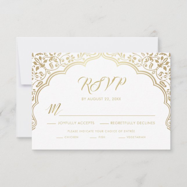 Carte RSVP de mariage indienne, blanc et or (Devant)