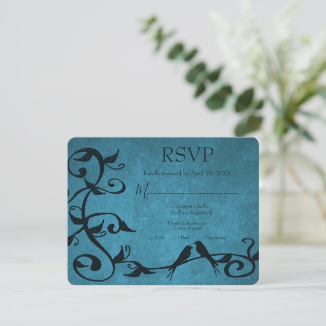 Carte RSVP de Mariage Lovebirds bleu (Debout devant)