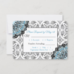Carte RSVP de mariage Mandala noir et bleu