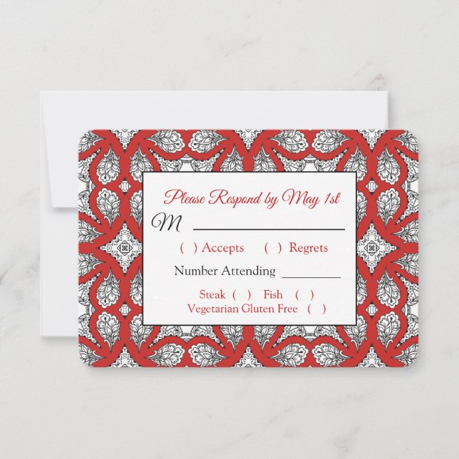 Carte RSVP de mariage Mandala noir et rouge (Devant)