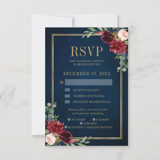 Carte RSVP de mariage Marine Floral Gold Frame de  (Devant)