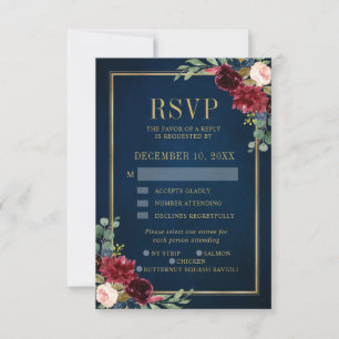 Carte RSVP de mariage Marine Floral Gold Frame de