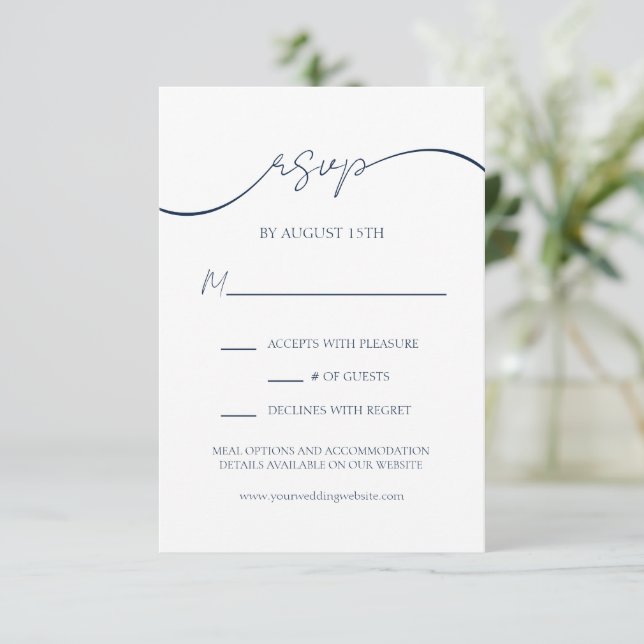 Carte RSVP de mariage minimal bleu marine moderne (Debout devant)