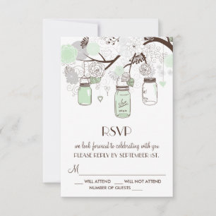 Carte RSVP de mariage Mint Green Floral Mason Jars
