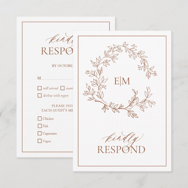 Carte RSVP de mariage Monogramme de crête feuillue (Devant / Derrière)