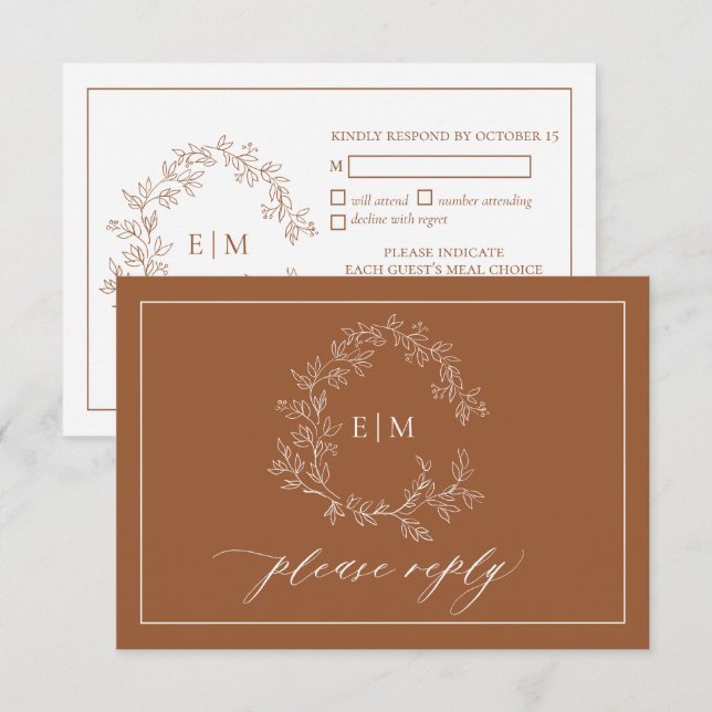 Carte RSVP de mariage Monogramme de crête feuillue (Devant / Derrière)