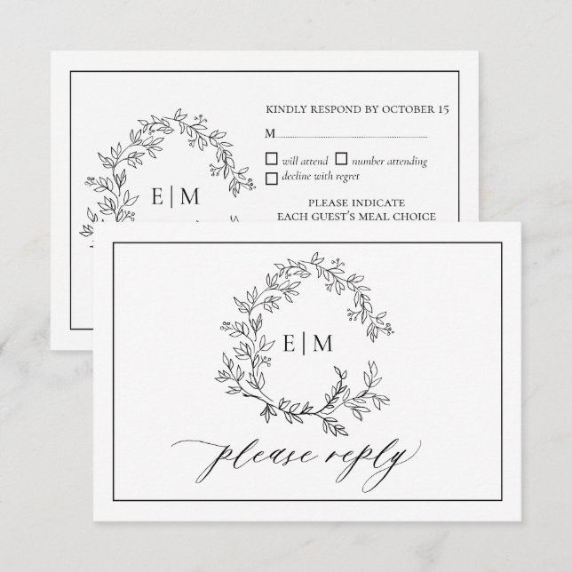 Carte RSVP de mariage Monogramme de crête noire bl (Devant / Derrière)
