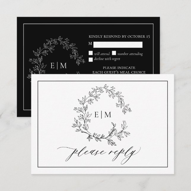 Carte RSVP de mariage Monogramme de crête noire bl (Devant / Derrière)