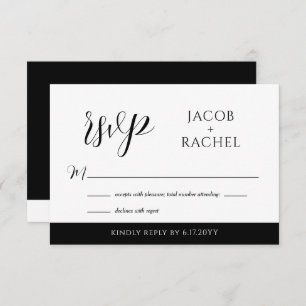 Carte RSVP de mariage noir & blanc moderne Script