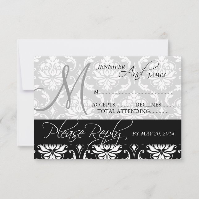 Carte RSVP de mariage Noir Damas Noms Monogrammes (Devant)