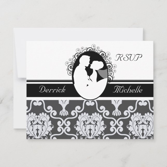Carte RSVP de mariage noir et blanc First Kiss (Devant)