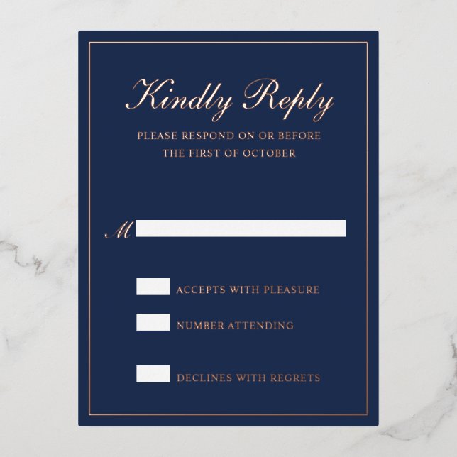 Carte RSVP de mariage officiel Rose bleu marine (Recto)