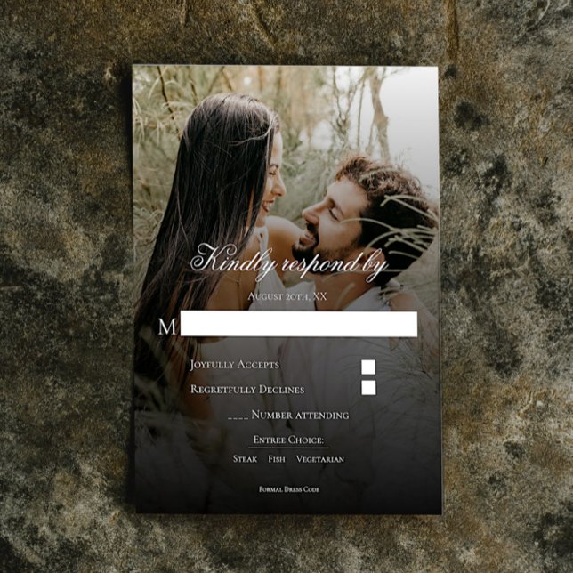 Carte RSVP de mariage photo moderne et habillage n (Modern Photo and Black Overlay Wedding RSVP Card)