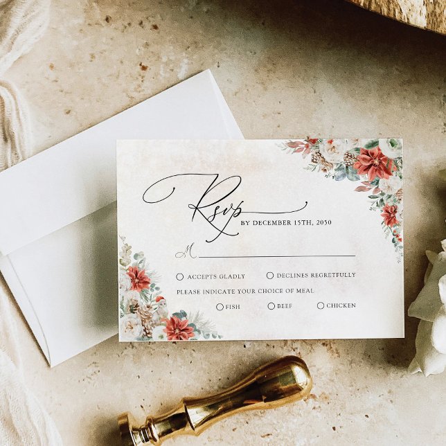 Carte RSVP de mariage Pinecone rouge hiver (Créateur téléchargé)