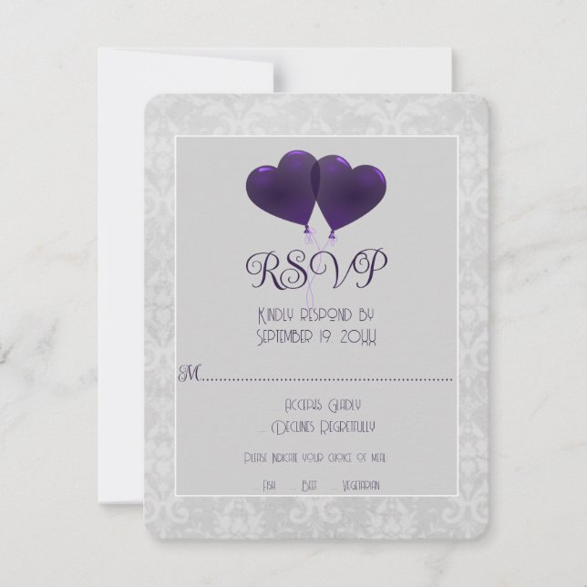Carte RSVP de mariage pour ballons de coeur violet (Devant)