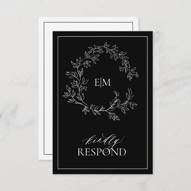 Carte RSVP de mariage pour monogramme blanc noir (Devant / Derrière)