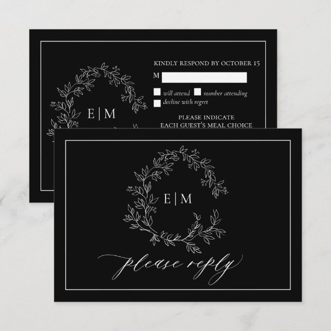 Carte RSVP de mariage pour monogramme blanc noir (Devant / Derrière)