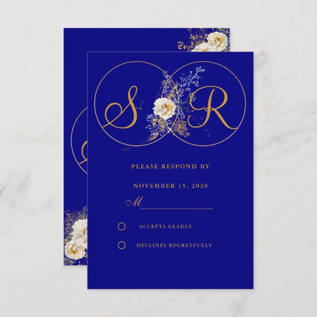 Carte RSVP de mariage pour monogramme or bleu mari (Devant / Derrière)