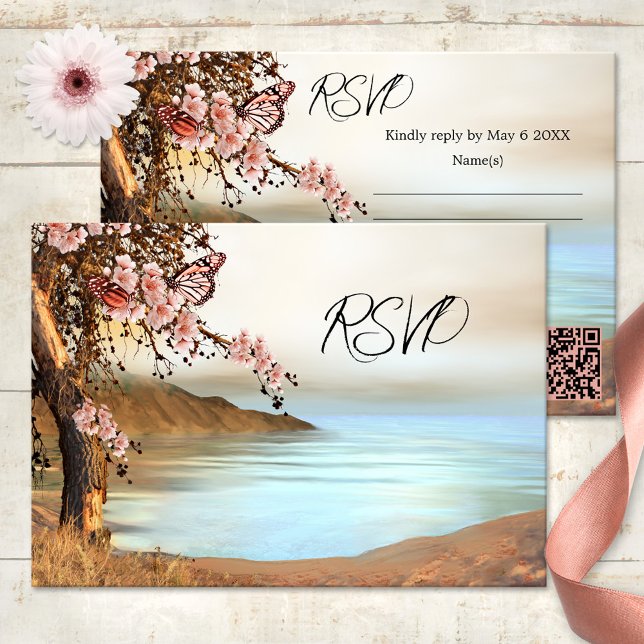 Carte RSVP de mariage pour papillon océanique Ceri (Spring wedding RSVP card featuring a cherry tree with pink butterflies at the waterfront)