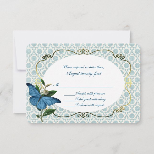 Carte RSVP de mariage pour papillons bleus vintage (Devant)