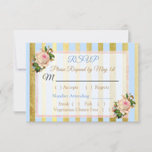 Carte RSVP de mariage rayé bleu et or Floral