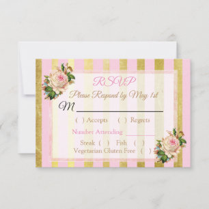 Carte RSVP de mariage rayé rose et or