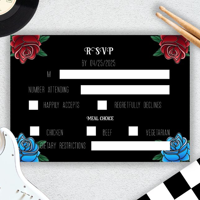 Carte RSVP de mariage Roche de tatouage noir et bl (Black and White Tattoo Rock Wedding RSVP Card)