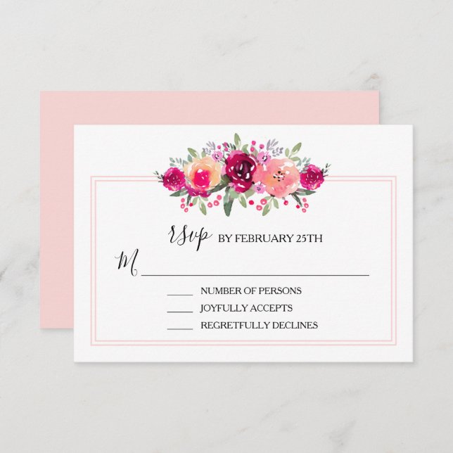 Carte RSVP de mariage rose aquarelle (Devant / Derrière)